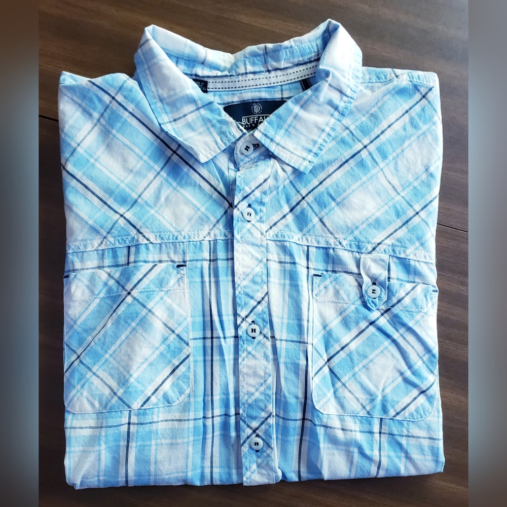 Buffalo David Bitton Multi-Blue/White Plaid Short-Sleeved Button-Up Shirt